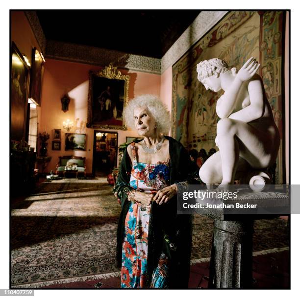 The Duchess of Alba, Dona Cayetana Fitz-James Stuart is photographed in the ballroom of the Palacio de Duenas for Vogue Espana on March 15-17, 2010...