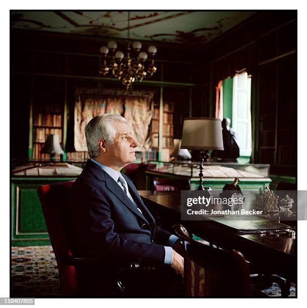 The Duke of Huescar, Don Carlos Fitz-James Stuart is photographed in the library of the Palacio de Liria for Vogue Espana on March 15-17, 2010 in...