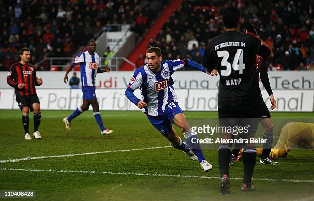 Pierre-Michel Lasogga of Hertha BSC celebrates his first goal during the second Bundesliga match between FC Ingolstadt and Hertha BSC Berlin on March...