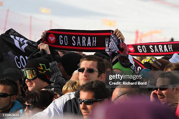 Fans of Sarah Burke are seen during Ski Superpipe women final at the European Winter X-Games on March 18, 2011 in Tignes, France.