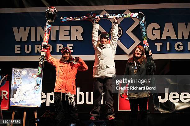 Anais Caradeux, Sarah Burke and Devin Logan pose on the podium after the Ski Superpipe women final at the European Winter X-Games on March 18, 2011...