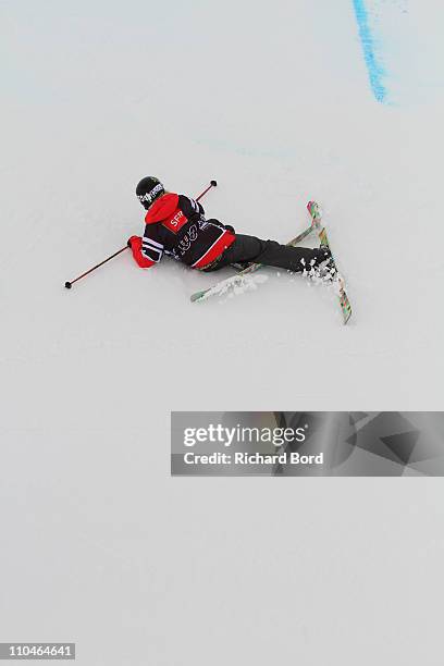 Sarah Burke of Canada falls during the second run of the Ski Superpipe women final at the European Winter X-Games on March 18, 2011 in Tignes, France.