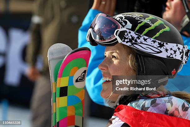 Sarah Burke of Canada celebrates after winning the Ski Superpipe women final at the European Winter X-Games on March 18, 2011 in Tignes, France.