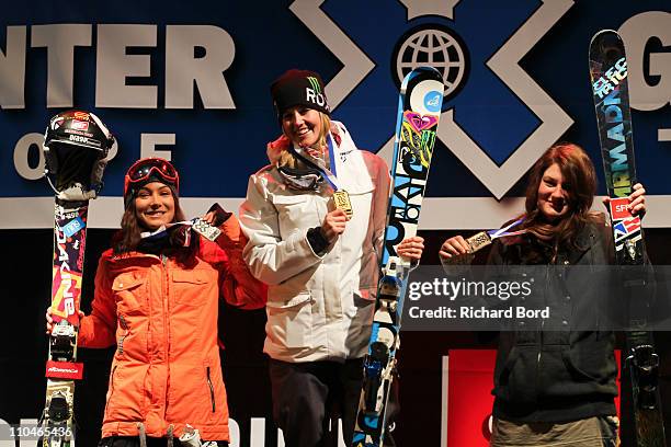 Anais Caradeux, Sarah Burke and Devin Logan pose on the podium after the Ski Superpipe women final at the European Winter X-Games on March 18, 2011...
