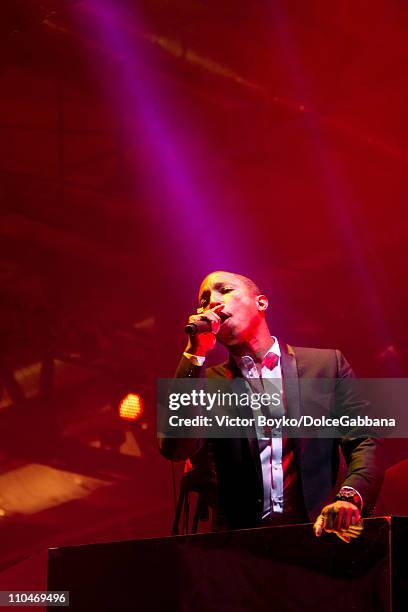 Pharrell Williams performs at the Dolce&Gabbana and Martini Dance Art Garage party on March 17, 2011 in Moscow, Russia.