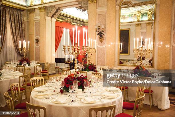 General view of the dinner tables during the Dolce&Gabbana and Martini Dance Art Garage at the Italian Ambassador's residence on March 17, 2011 in...