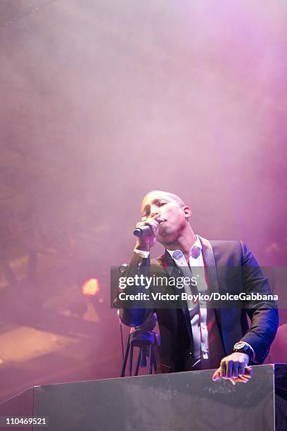 Pharrell Williams performs at the Dolce&Gabbana and Martini Dance Art Garage party on March 17, 2011 in Moscow, Russia.