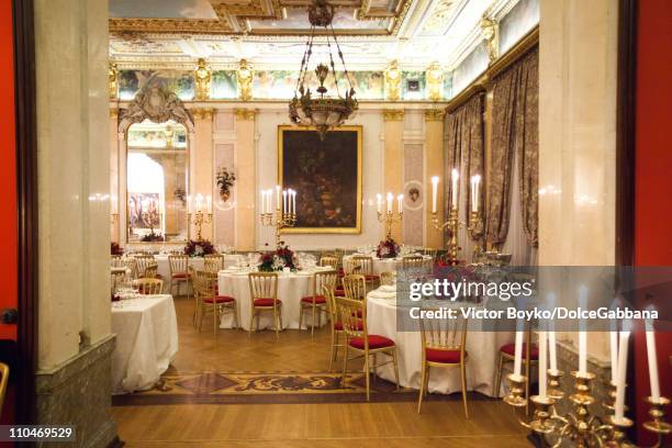 General view of the dinner tables during the Dolce&Gabbana and Martini Dance Art Garage at the Italian Ambassador's residence on March 17, 2011 in...