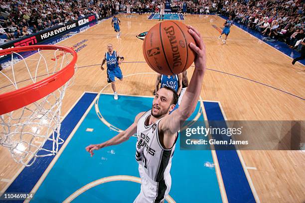 Manu Ginobili of the San Antonio Spurs dunks against the Dallas Mavericks on March 18, 2011 at the American Airlines Center in Dallas, Texas. NOTE TO...