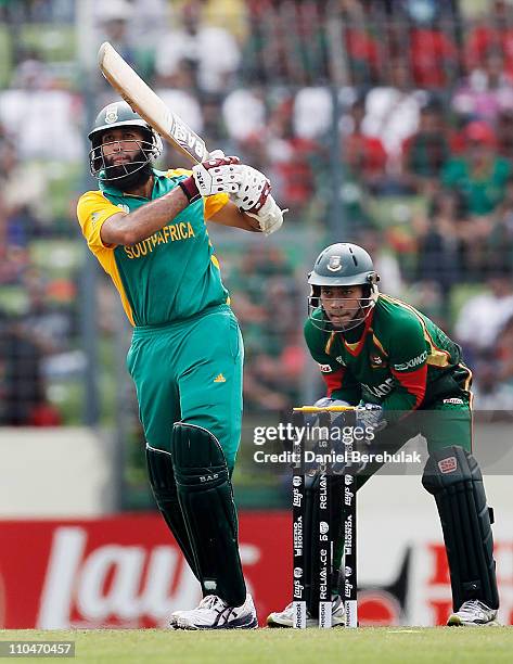 Hashim Amla of South Africa bats during the ICC World Cup Cricket Group B match between Bangladesh and South Africa at Shere-e-Bangla National...