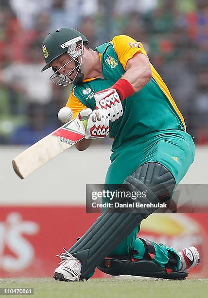 Jacques Kallis of South Africa hits six during the ICC World Cup Cricket Group B match between Bangladesh and South Africa at Shere-e-Bangla National...