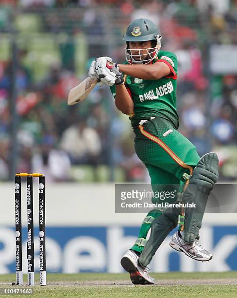 Tamim Iqbal of Bangladesh bats during the ICC World Cup Cricket Group B match between Bangladesh and South Africa at Shere-e-Bangla National Stadium...