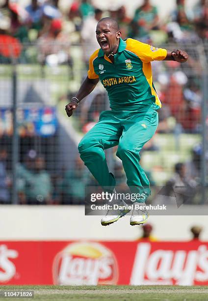 Lonwabo Tsotsobe of South Africa celebrates after taking the wicket of Shahriar Nafees of Bangladesh during the ICC World Cup Cricket Group B match...