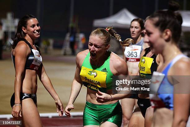 Sally Pearson of QAS celebrates winning the the Women's 100m during the Sydney Track Classic at the Sydney Olympic Park Athletic Centre on March 19,...