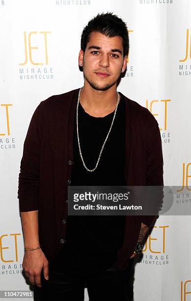 Television personality Rob Kardashian arrives to celebrate his 24th birthday at the Jet Nightclub at The Mirage Hotel & Casino on March 18, 2011 in...