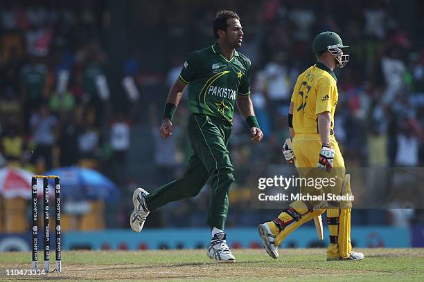 Wahab Riaz of Pakistan celebrates taking the wicket of Brad Haddin during the 2011 ICC World Cup Group A match between Australia and Pakistan at the...