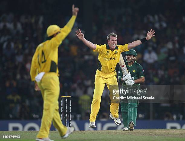 Brett Lee of Australia appeals for the wicket of Kamran Akmal which was unsuccessful after being referred to the third umpire during the 2011 ICC...