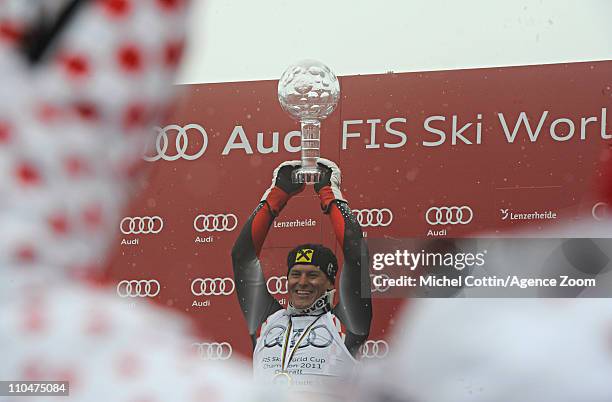 Ivica Kostelic of Croatia celebrates winning the Overall World Cup on March 19, 2011 in Lenzerheide, Switzerland.