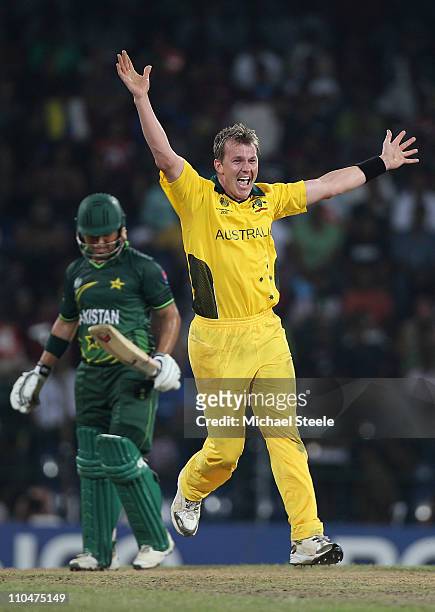 Brett Lee of Australia appeals successfully for the lbw wicket of Kamran Akmal during the 2011 ICC World Cup Group A match between Australia and...