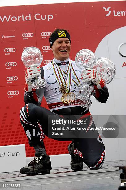Ivica Kostelic of Croatia wins the Overall World Cup on March 19, 2011 in Lenzerheide, Switzerland.