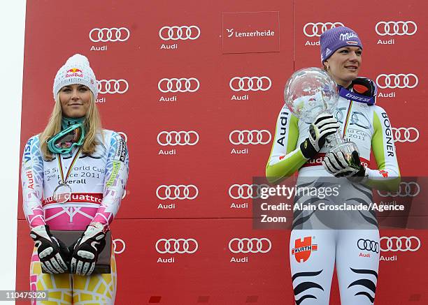 Maria Riesch of Germany wins the Overall World Cup, Lindsey Vonn of the USA takes 2nd place on March 19, 2011 in Lenzerheide, Switzerland.