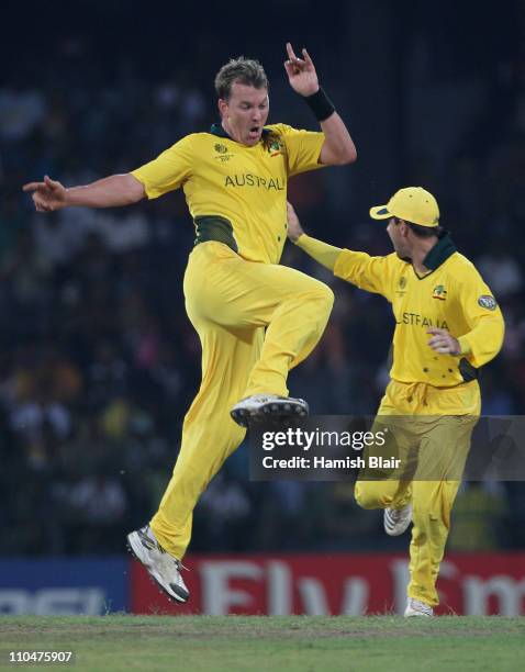 Brett Lee of Australia celebrates after taking the wicket of Misbah-ul-Haq of Pakistan during the 2011 ICC World Cup Group A match between Australia...