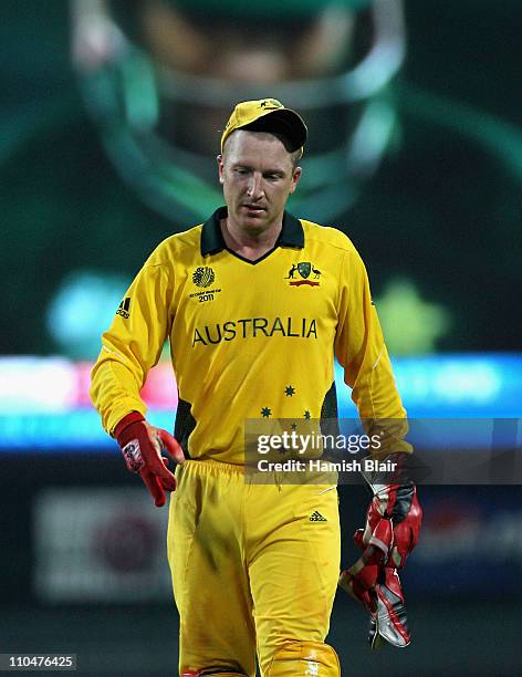 Brad Haddin of Australia looks on during the 2011 ICC World Cup Group A match between Australia and Pakistan at R. Premadasa Stadium on March 19,...