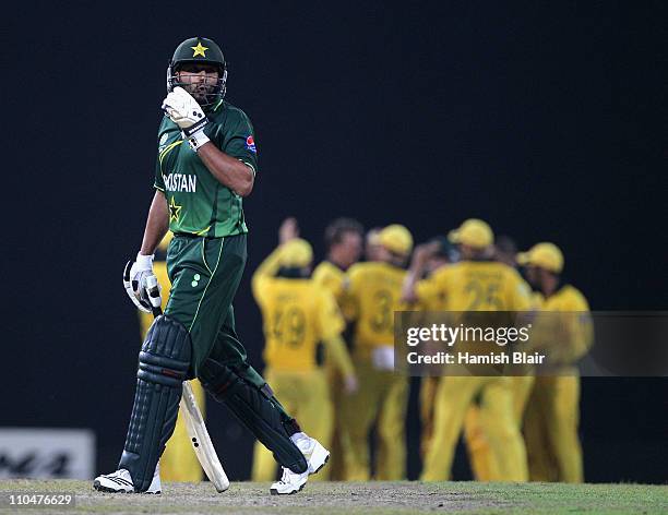 Shahid Afridi of Pakistan leaves the field after being dismissed during the 2011 ICC World Cup Group A match between Australia and Pakistan at R....