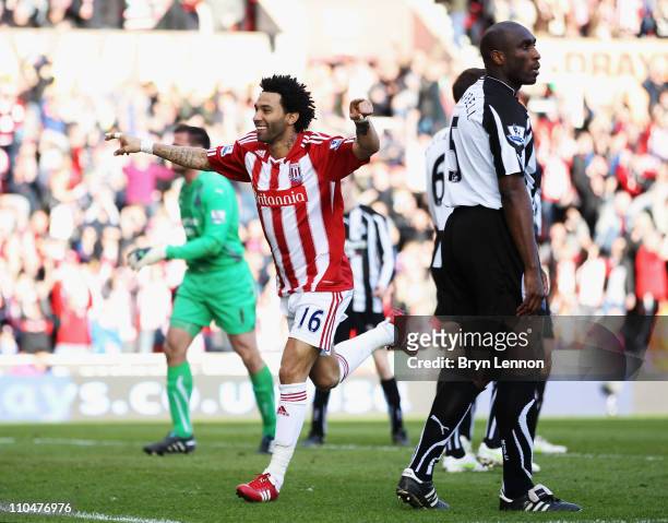 Jermaine Pennant of Stoke City celebrates scoring during the Barclays Premier League match between Stoke City and Newcastle United at Britannia...