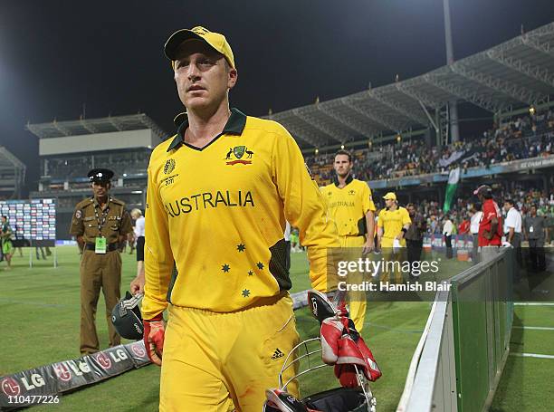 Brad Haddin of Australia leaves the field after their loss after the 2011 ICC World Cup Group A match between Australia and Pakistan at R. Premadasa...