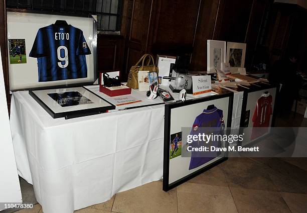 Football memorabilia on auction at the Cardboard Citizens Gala Fundraising Dinner hosted by Kate Winslet at Christ Church Spitalfields on March 19,...