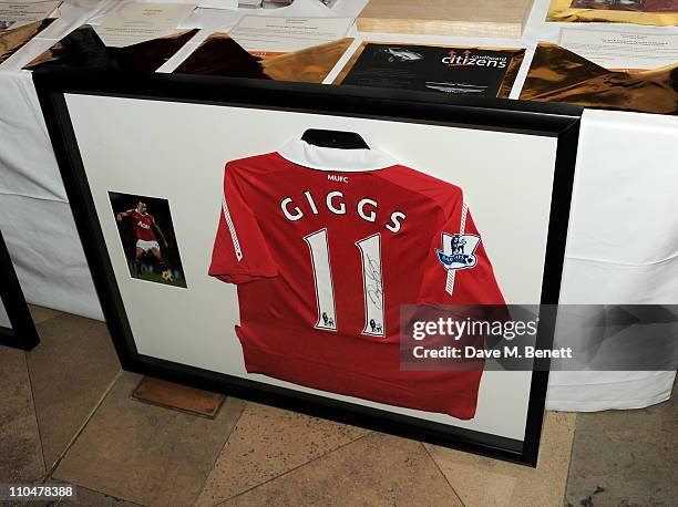 Football memorabilia on auction at the Cardboard Citizens Gala Fundraising Dinner hosted by Kate Winslet at Christ Church Spitalfields on March 19,...