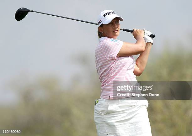 Angela Stanford hits her tee shot on the 18th hole during the second round of the RR Donnelley LPGA Founders Cup at Wildfire Golf Club on March 19,...