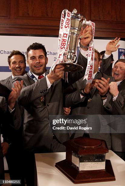 England captain Nick Easter lifts the RBS 6 Nations trophy following the RBS 6 Nations Championship match between Ireland and England at the Aviva...