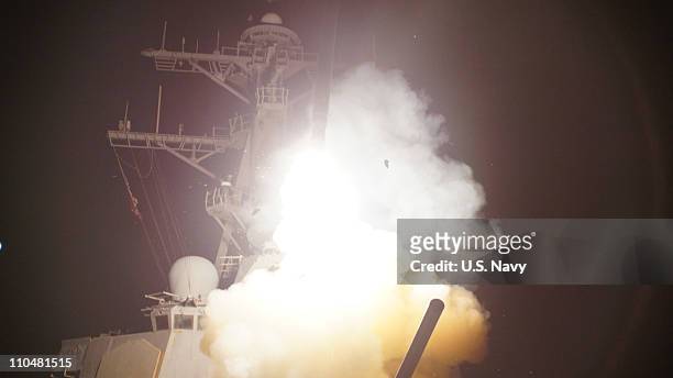 In this handout photo provided by the U.S. Navy, the USS Stout launches a Tomahawk missile in support of Operation Odyssey Dawn March 19, 2011. This...
