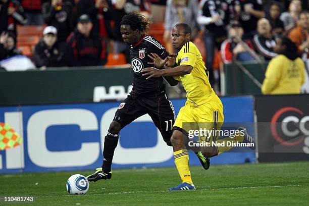 Joseph Ngwenya of D.C. United controls the ball against Julius James of the Columbus Crew at RFK Stadium on March 19, 2011 in Washington, DC.