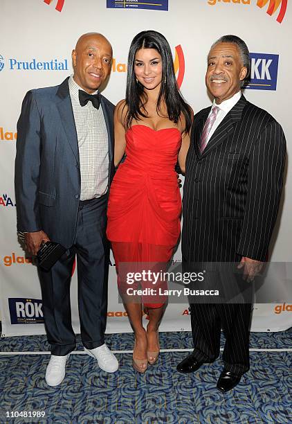 Producer Russell Simmons, 2010 Miss USA Rima Fakih and Al Sharpton attend the 22nd Annual GLAAD Media Awards presented by ROKK Vodka at Marriott...