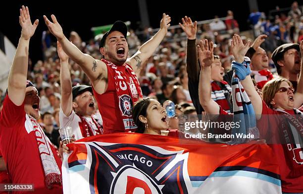 Chicago Fire fans cheer on their team in the second half during an MLS game against FC Dallas at Pizza Hut Park on March 19, 2011 in Frisco, Texas....