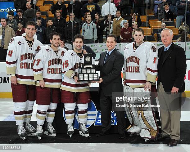 Boston College wins the 2011 Hockey East Finals against Merrimack Coach Jerry Youk, Joe Whitney, Brian Gibbons, Tommy Cross and John Muse get...