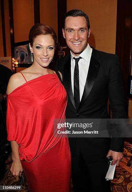Actors Owain Yeoman and Amanda Righetti backstage at the 25th Anniversary Genesis Awards hosted by the Humane Society of the United States held at...