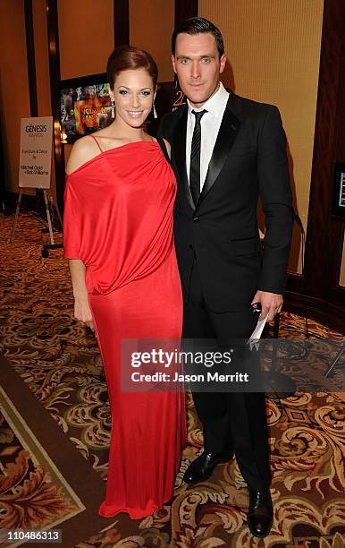 Actors Owain Yeoman and Amanda Righetti backstage at the 25th Anniversary Genesis Awards hosted by the Humane Society of the United States held at...