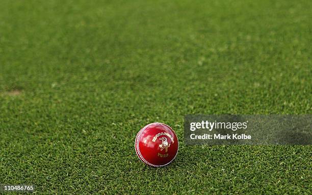 General view of a Kookaburra turf four piece cricket ball is seen before play on day one of the Sheffield Shield final match between the Tasmanian...