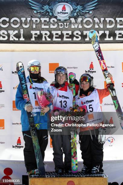 Sarah Burke of Canada takes 1st place, Devin Logan of USA takes 2nd place, Anais Caradeux of France takes 3rd place during the FIS Freestyle World...
