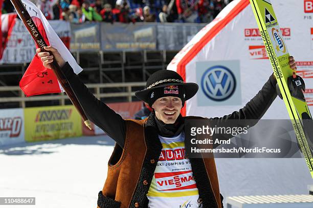 Adam Malysz of Poland says good bye to the World Cup during the Ski Flying Individual Competition in the FIS World Cup Ski Jumping on March 20, 2011...