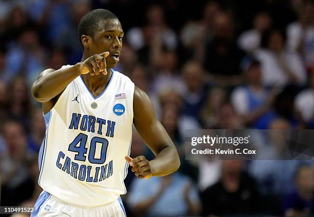 Harrison Barnes of the North Carolina Tar Heels reacts in the first half while taking on the Washington Huskies during the third round of the 2011...