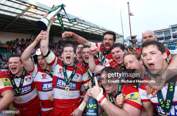 Gloucester celebrate victory with the trophy during the LV= Anglo Welsh Cup Final between Gloucester and Newcastle Falcons at Franklin's Gardens on...