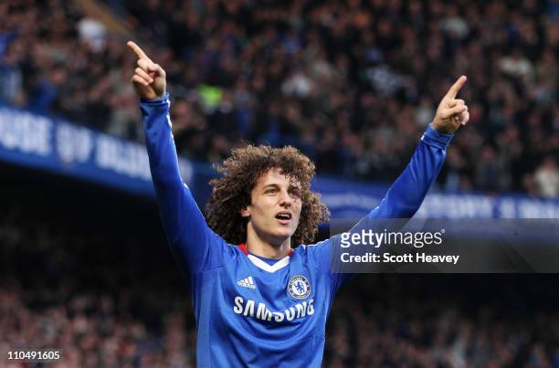 David Luiz of Chelsea celebrates as he scores their first goal during the Barclays Premier League match between Chelsea and Manchester City at...
