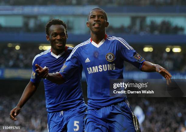 Ramires of Chelsea celebrates scoring his team's second goal with team mate Michael Essien during the Barclays Premier League match between Chelsea...