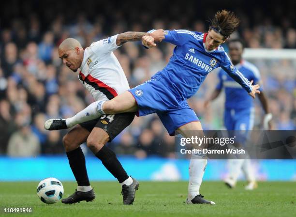 Nigel De Jong of Manchester City and Fernando Torres of Chelsea battle for the ball during the Barclays Premier League match between Chelsea and...