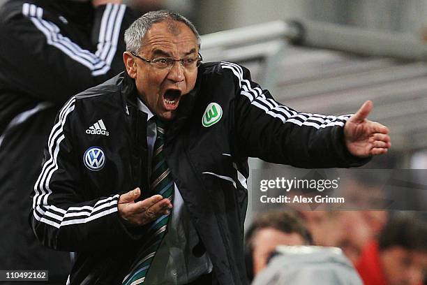 Head coach Felix Magath of Wolfsburg reacts during the Bundesliga match between VfB Stuttgart and VfL Wolfsburg at Mercedes-Benz Arena on March 20,...